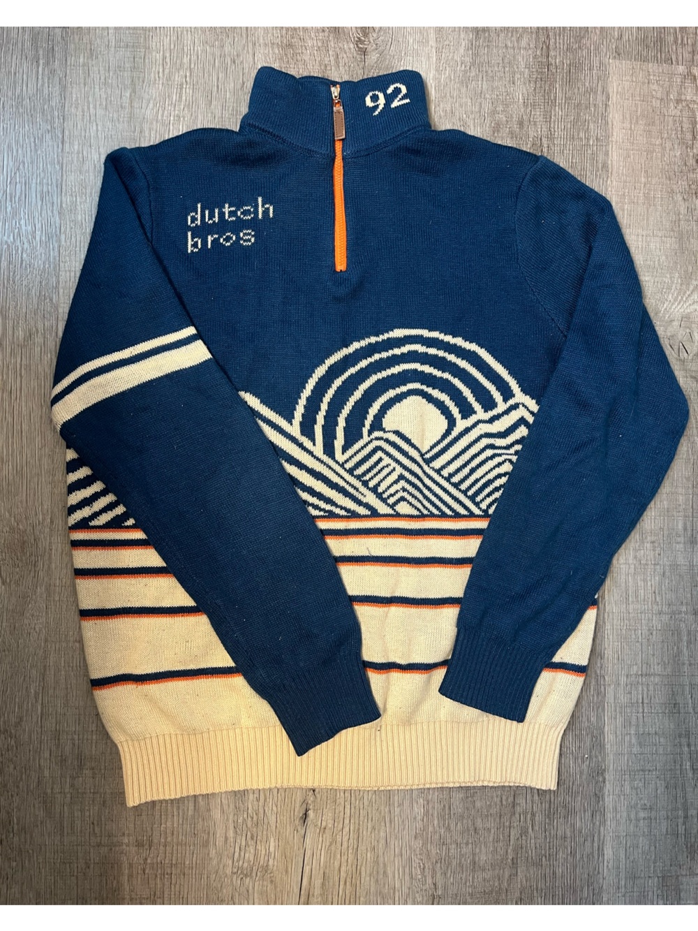 Dutch Bros Navy, Cream & Orange Quarter-Zip Mountain Knit Pullover